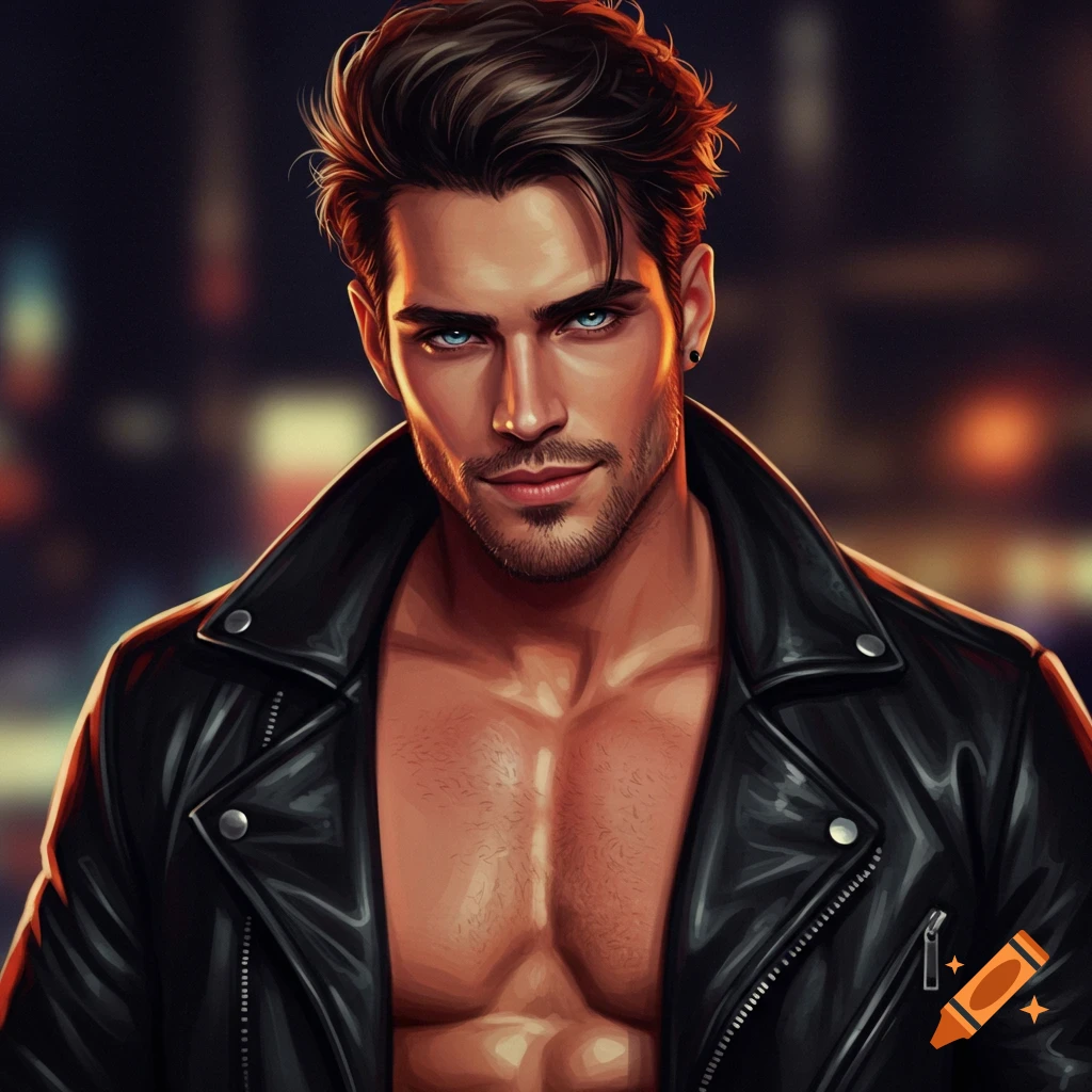 A man in a leather jacket with chest revealed against a blurred city lights background.