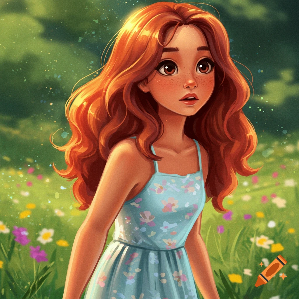 A girl with red hair and freckles in a blue dress, standing in a sunny field of flowers.