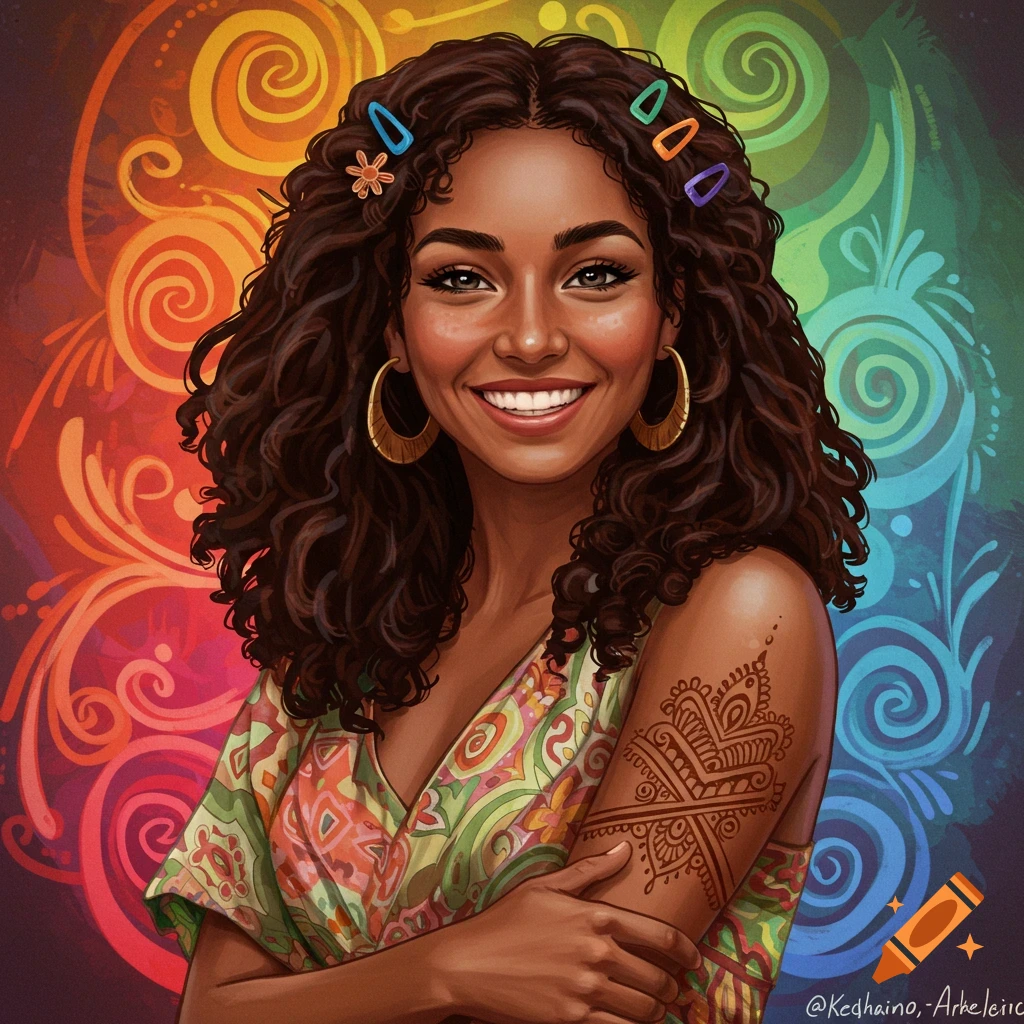 Painting of a smiling woman with curly hair, gold hoop earrings, and a forearm tattoo, wearing a colorful paisley dress against a rainbow background.