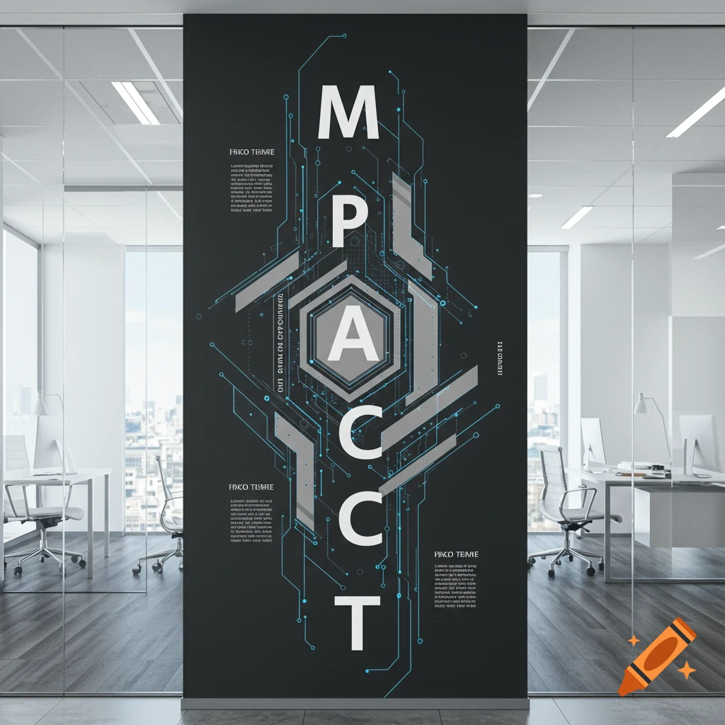 Office wall art with vertical 'IMPACT' text and tech circuit pattern.
