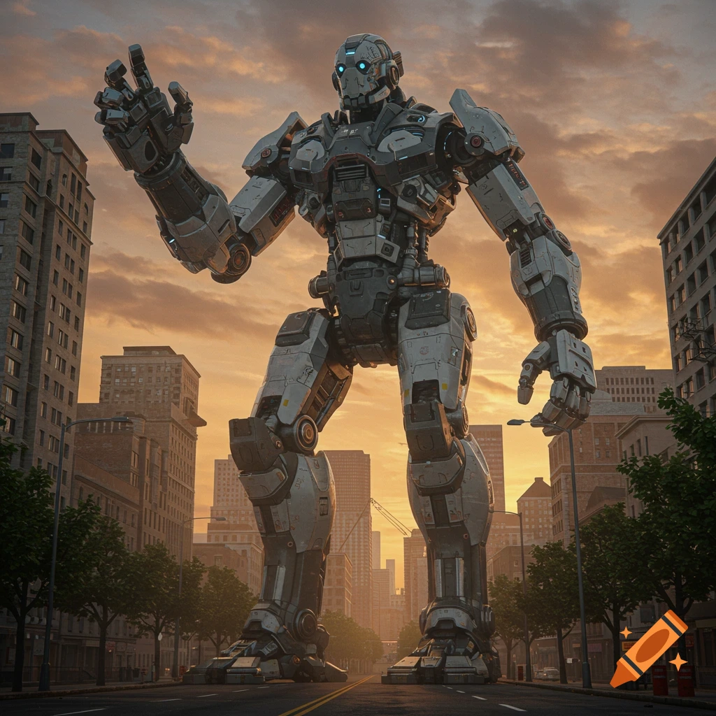 A giant robot stands in a city street at sunset.