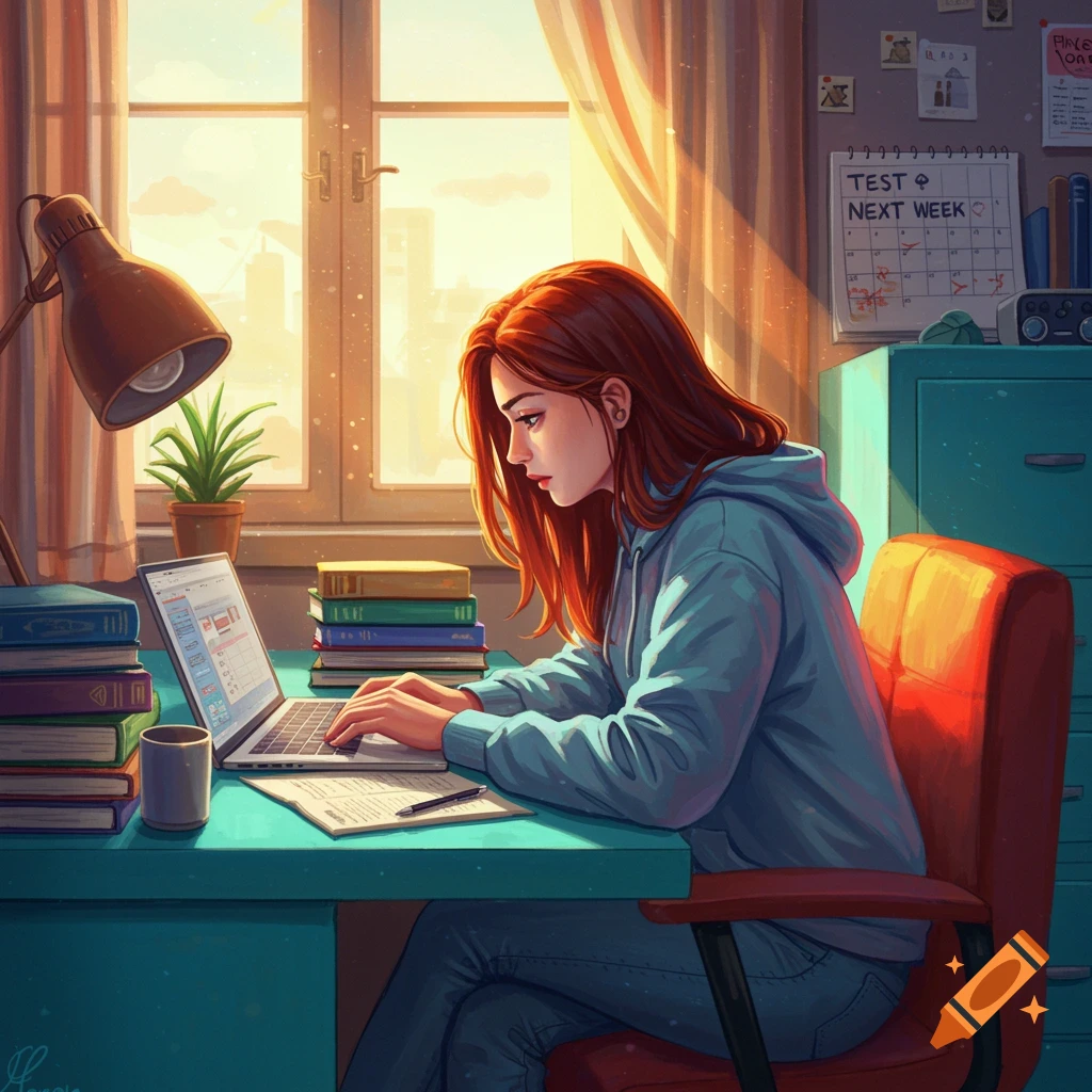 A young woman with auburn hair is studying at a desk with a laptop, books, and a sunlit window.