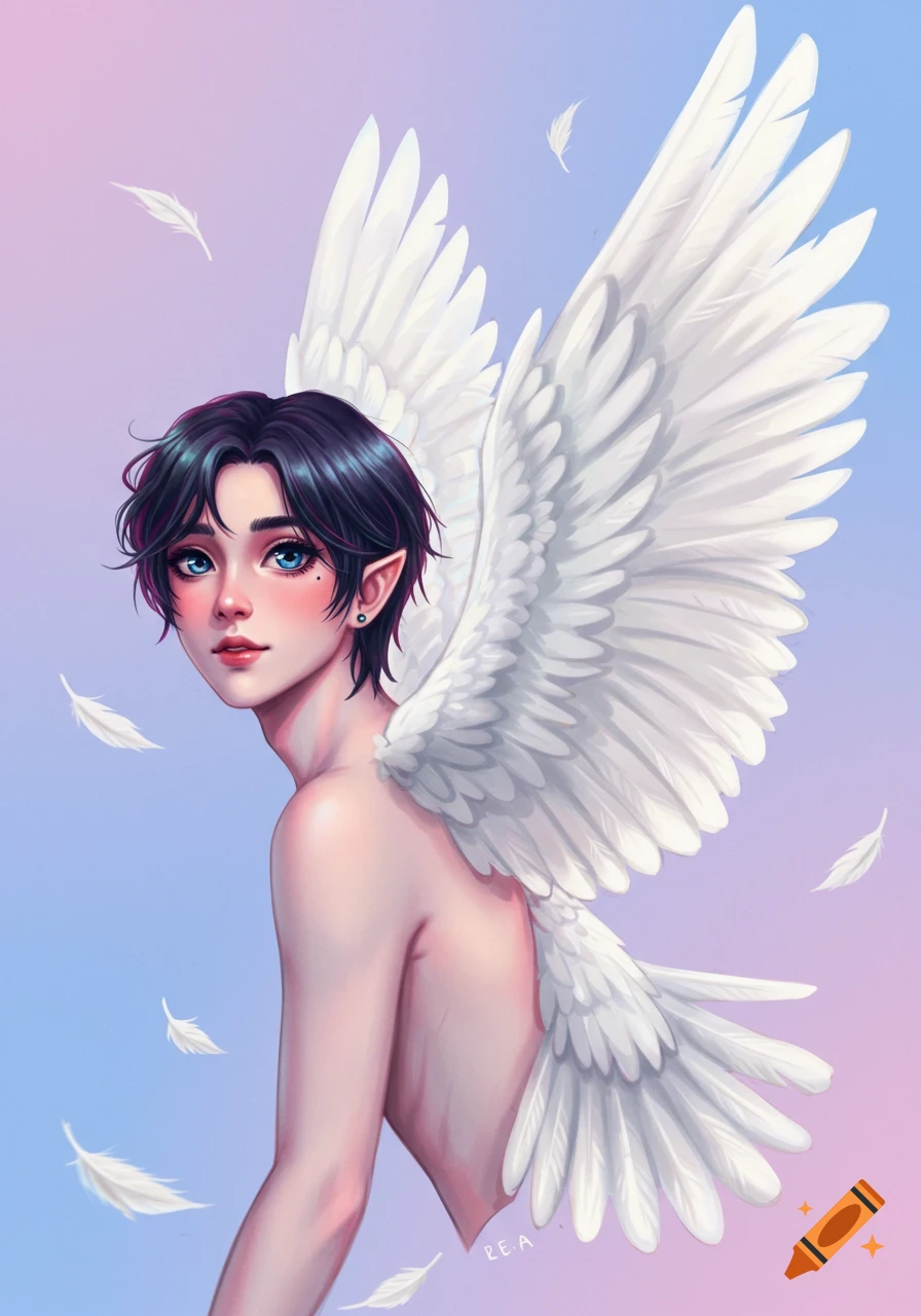 Anime person with large white wings and floating feathers.
