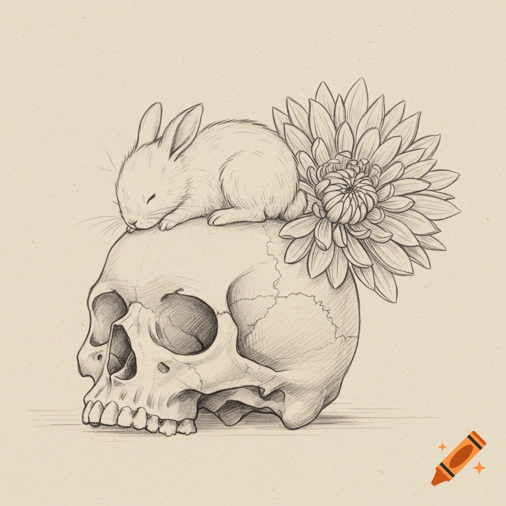 Pencil sketch of a sleeping rabbit on a human skull with a flower growing from it.