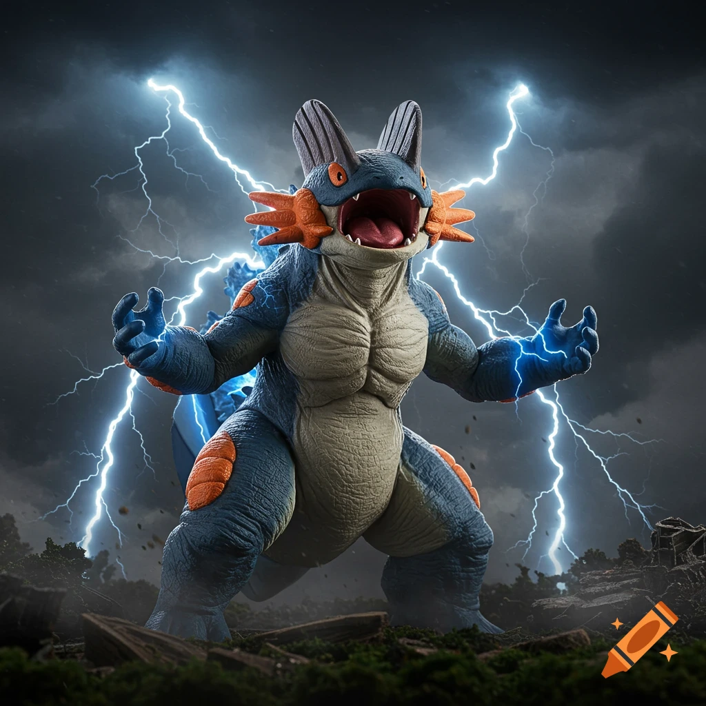 A muscular blue and orange creature resembling a Swampert-Godzilla hybrid stands dramatically in a stormy landscape with lightning.