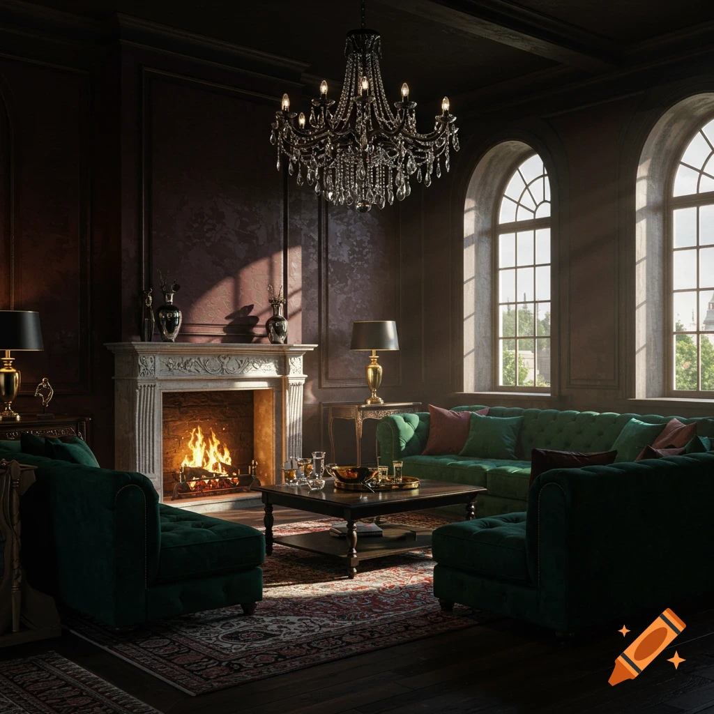 A dark, moody, luxurious living room with green furniture, a fireplace, chandelier, and sunlit windows
