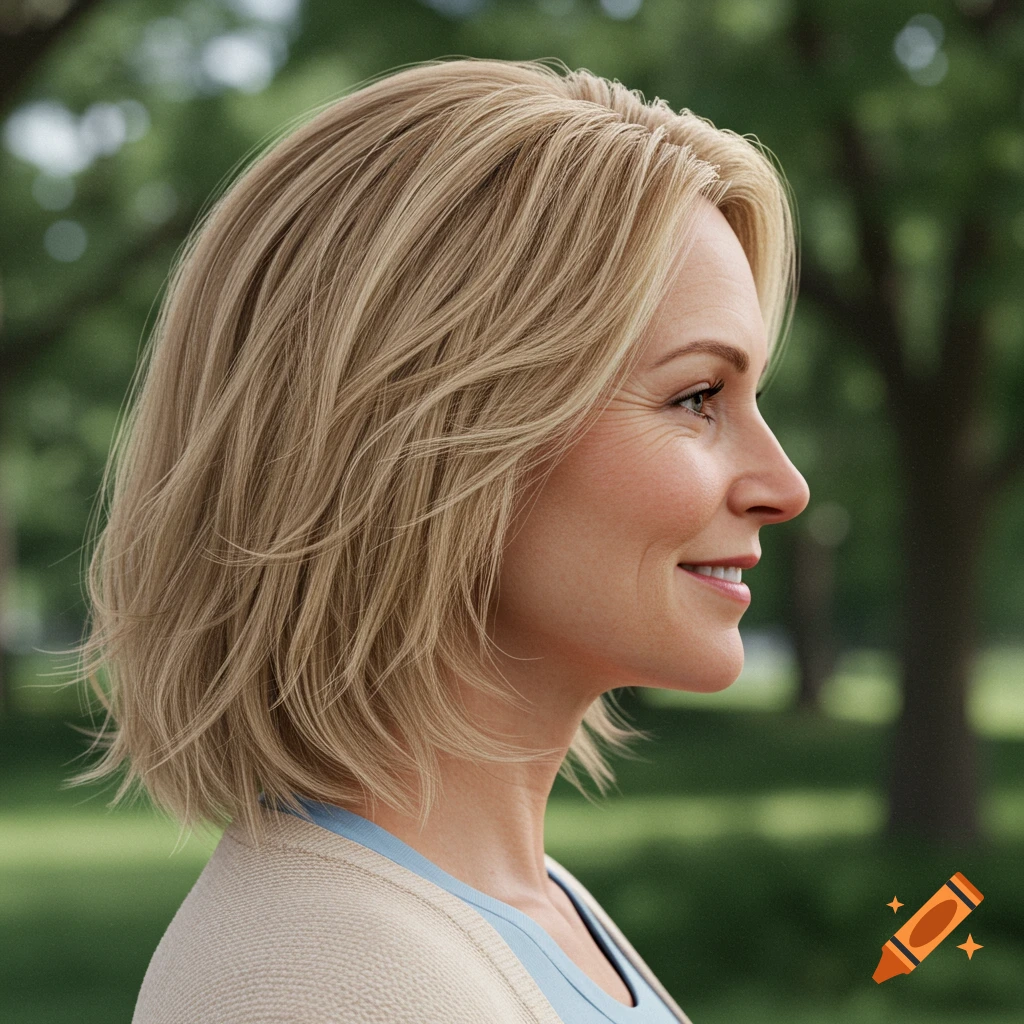 Profile portrait of a woman with blonde hair outdoors