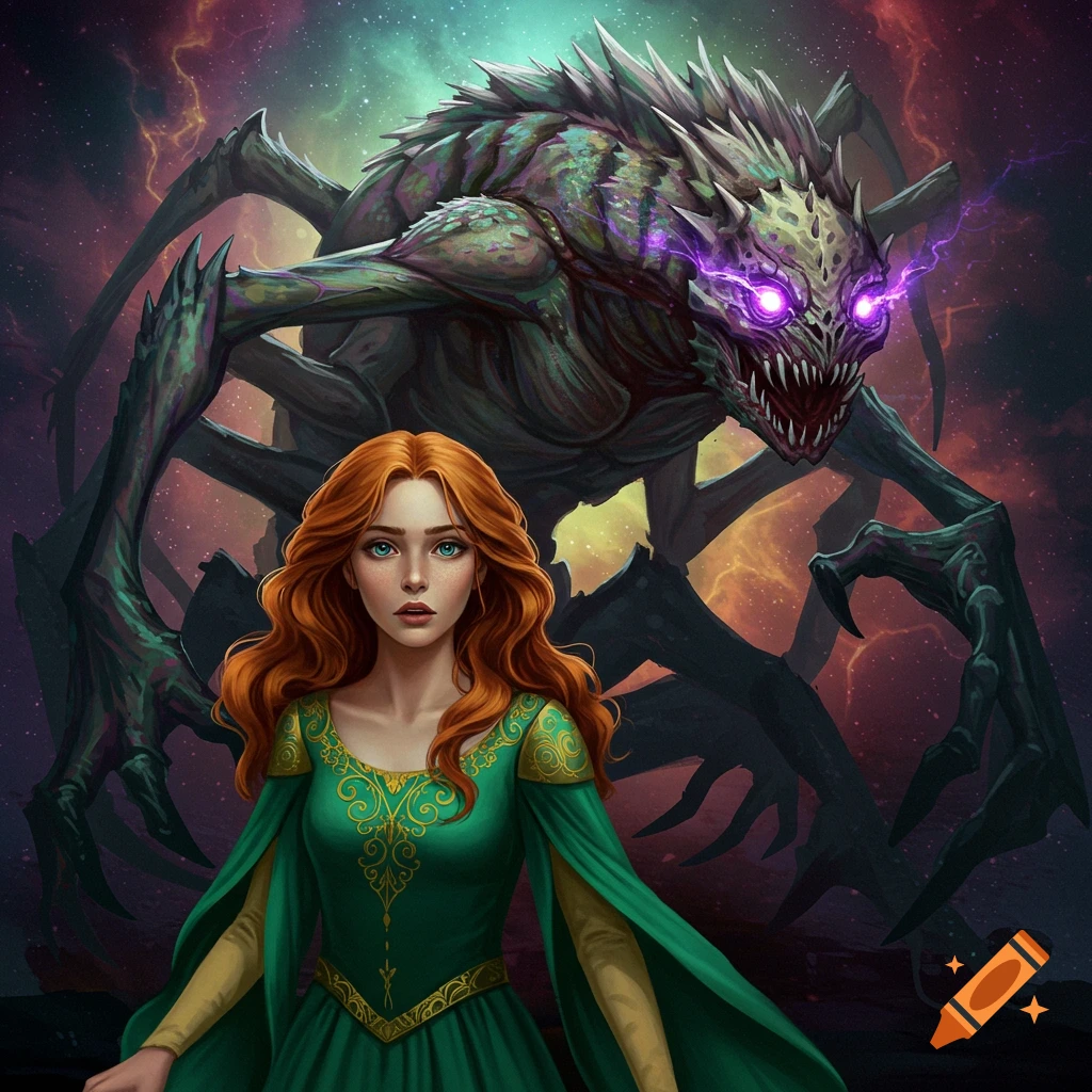 A woman in a green dress stands before a large, multi-legged monster with glowing eyes.
