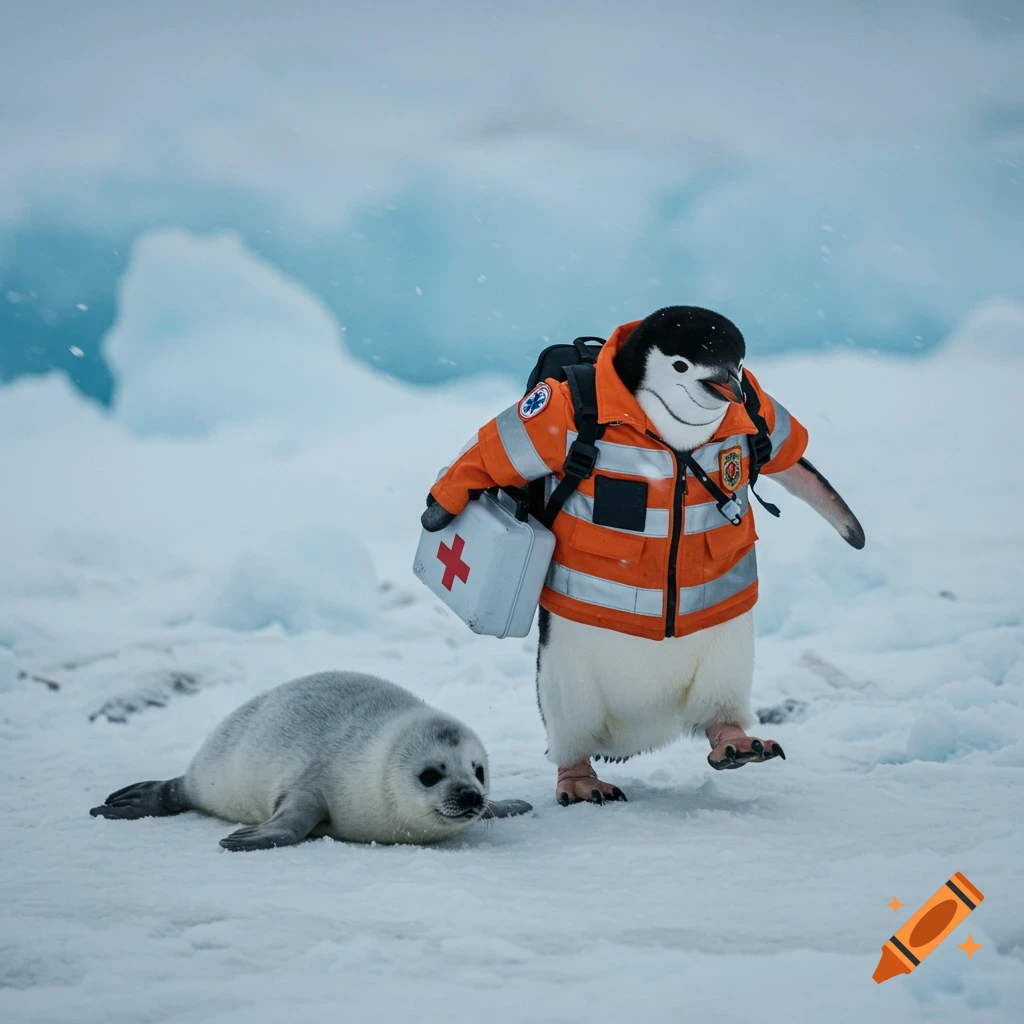 A penguin dressed as a paramedic carrying a medical kit walks past a seal pup in a snowy landscape.