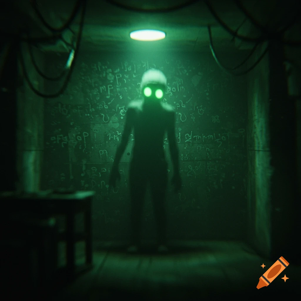 Shadowy figure with glowing green eyes in a dark room covered in strange symbols.