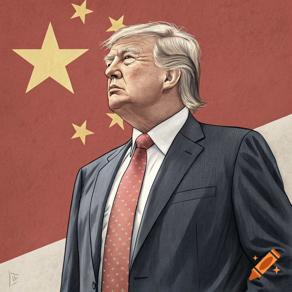 Stylized illustration of Donald Trump in a suit against a red background with yellow stars.