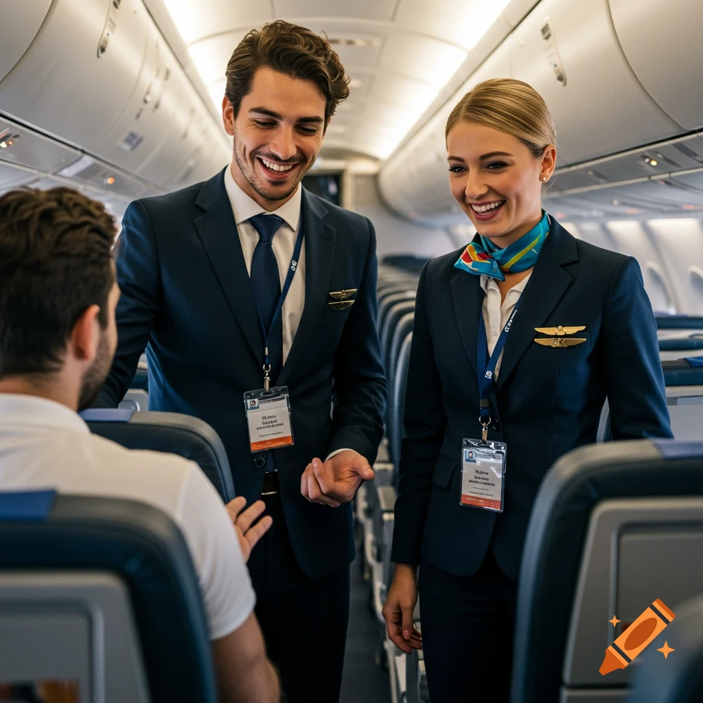 Two flight attendants in uniform talking to a passenger on an airplane.