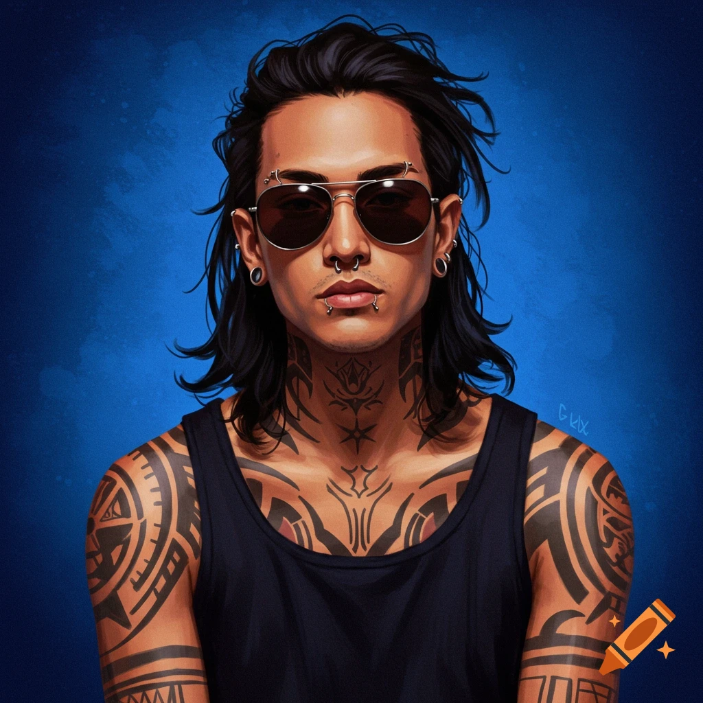 A man with long hair, sunglasses, piercings, and tattoos.