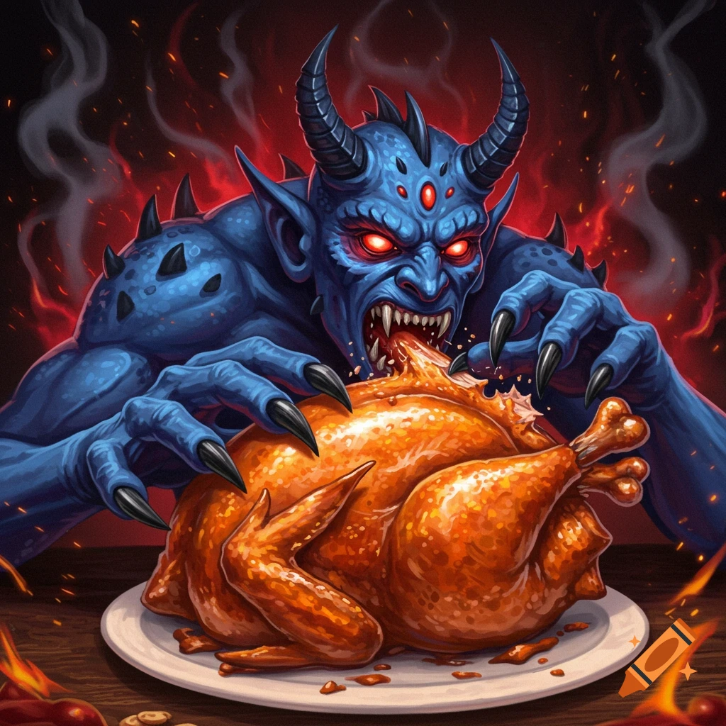 A blue demon with red eyes eats a roasted chicken in a dark setting with red flames.