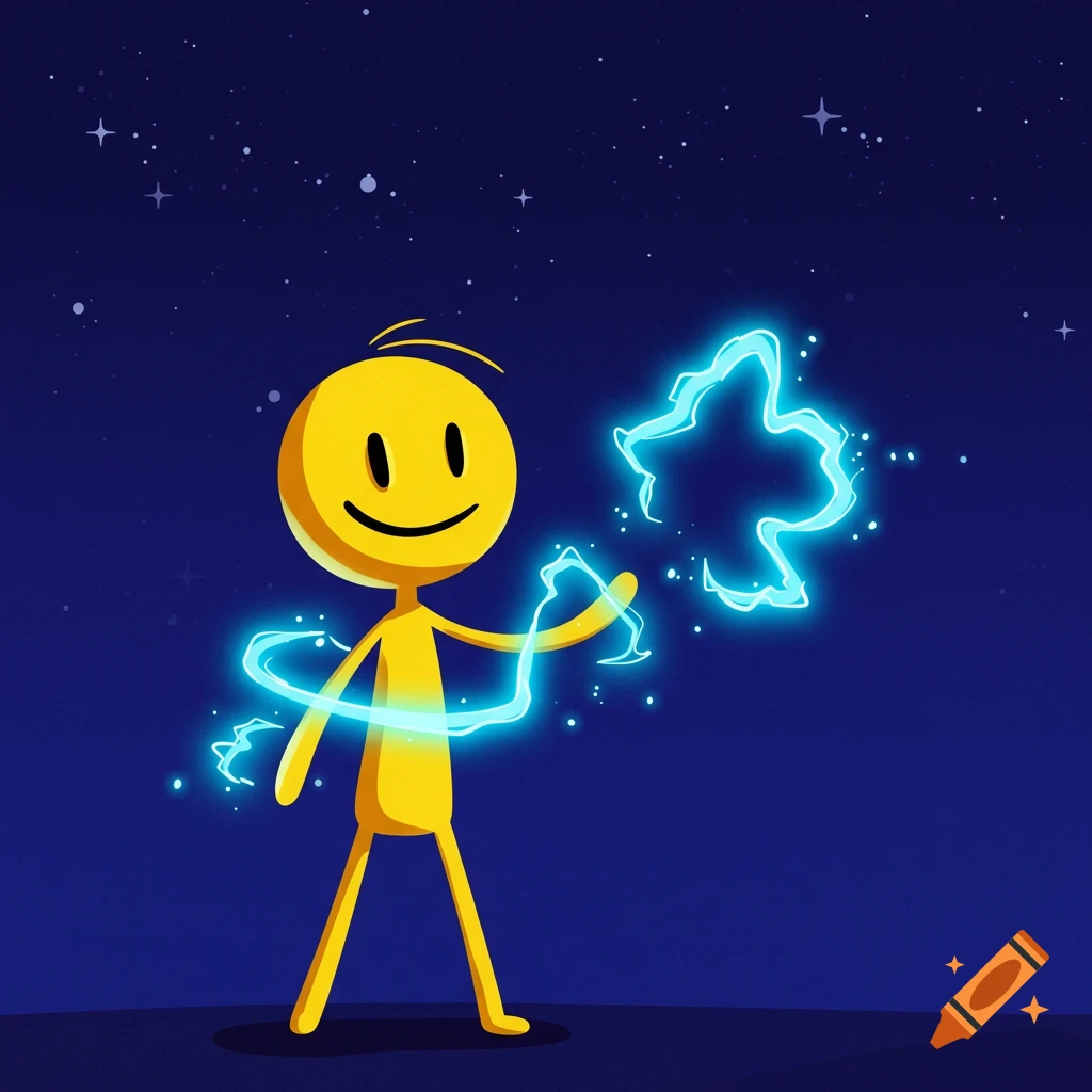 A yellow stick figure holds blue lightning against a starry night sky illustration.
