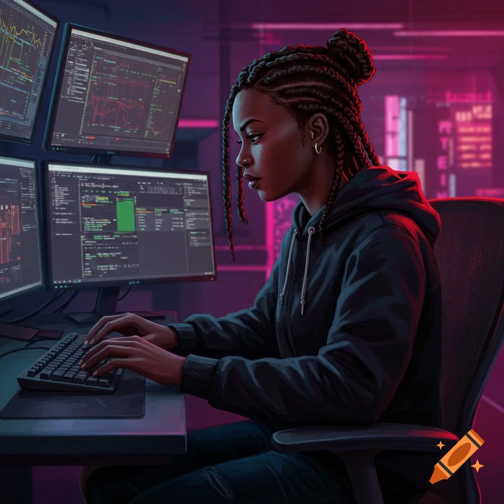 A young woman is coding on multiple monitors in a dark room illuminated by neon lights.