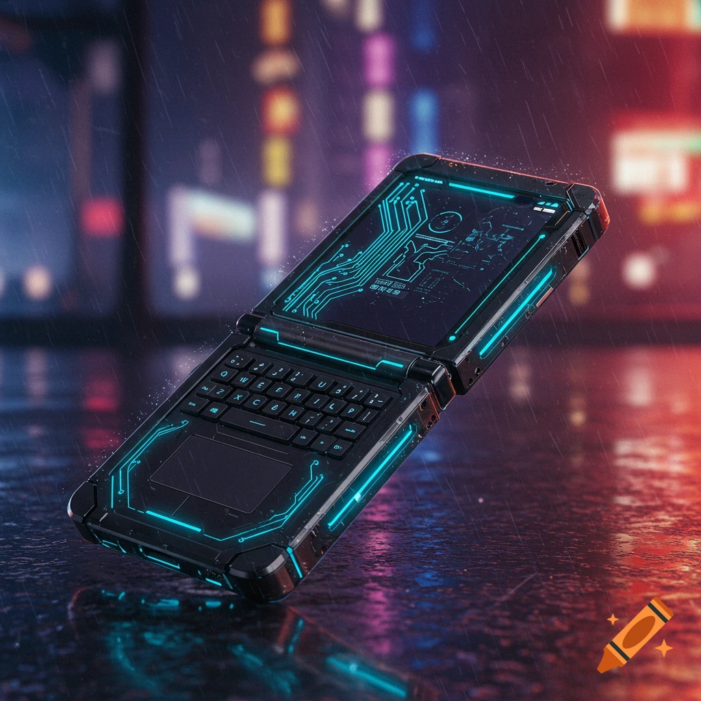 Cyberpunk style foldable phone with a keyboard and circuit board display
