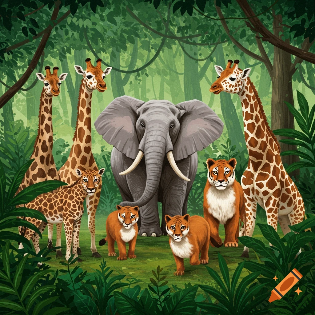 A group of diverse safari animals including giraffes, an elephant, leopard cub, and tiger cubs stand together in a vibrant jungle scene.