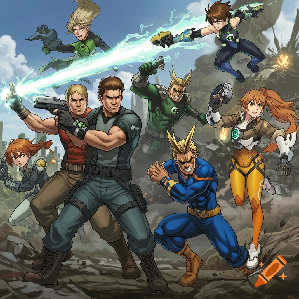 Anime crossover of Chris Redfield, Ben Tennyson, Rex Salazar, Kat, Tracer, All Might, and Nanoha fighting in a ruined city.