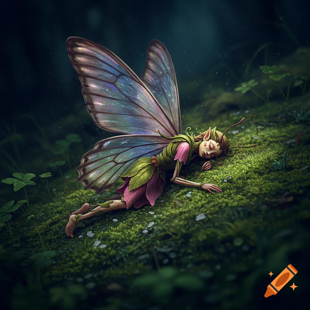 A fairy with butterfly wings lying on moss
