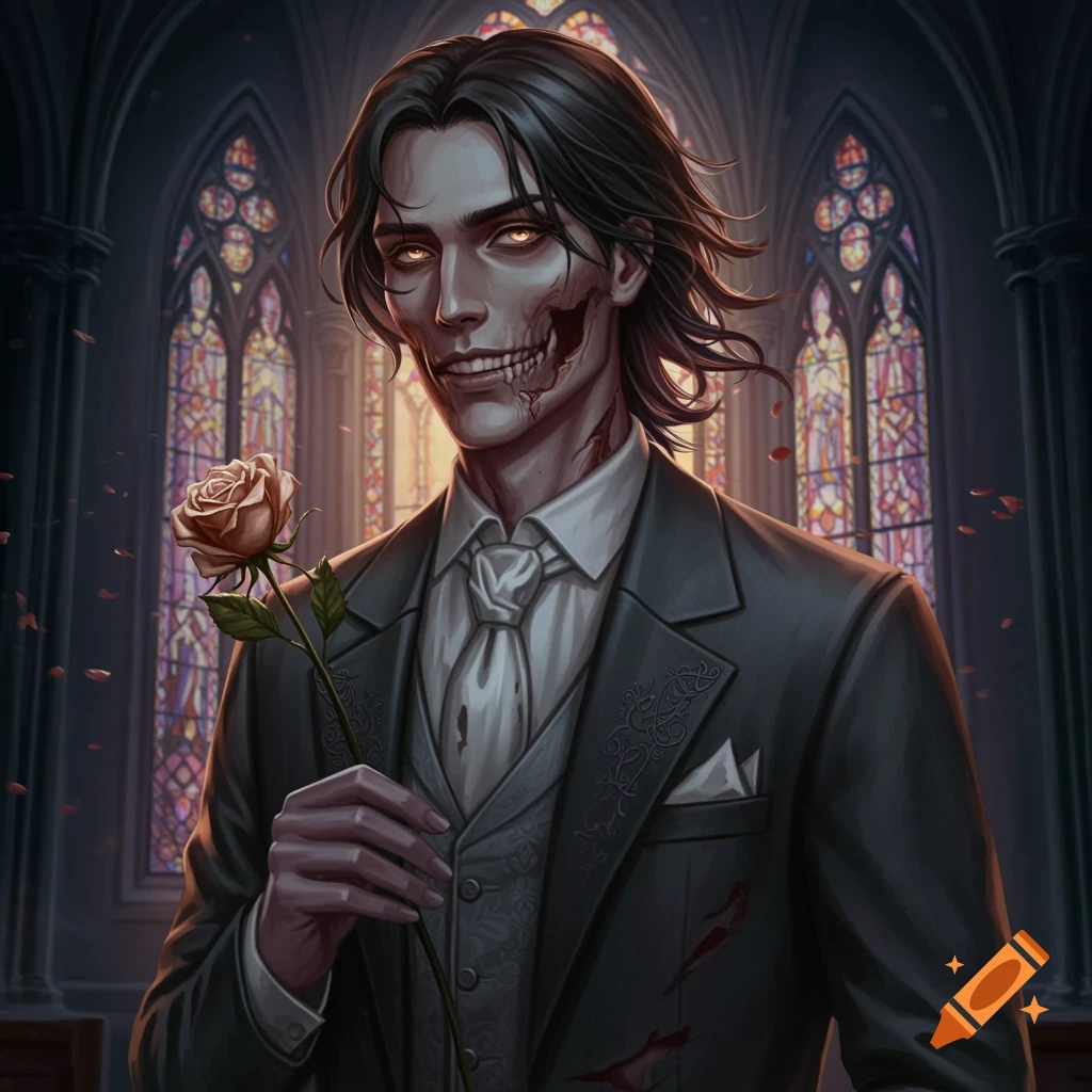 An undead groom holds a rose in a gothic chapel.