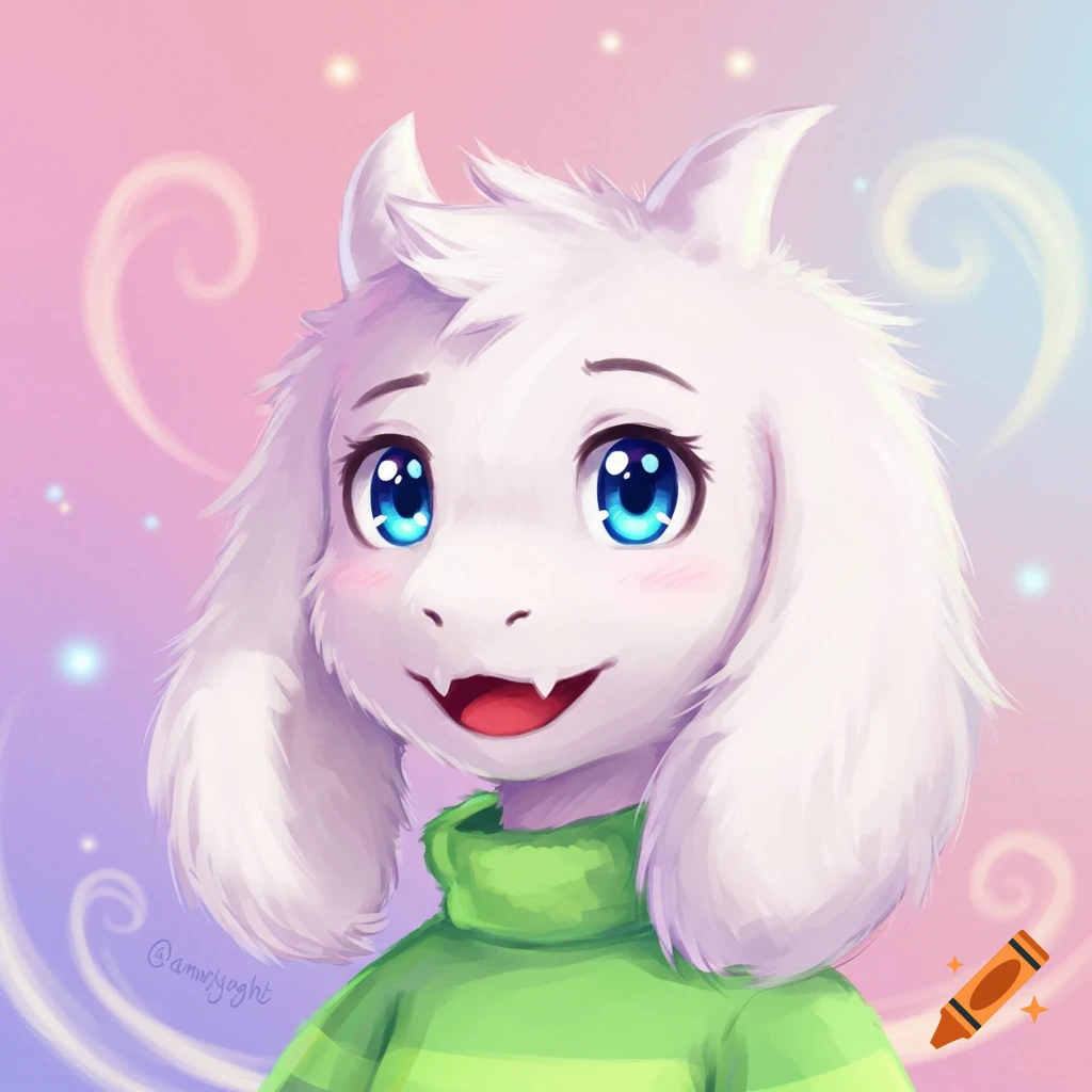 The character Asriel from Undertale, a white goat-like creature with blue eyes and a green sweater