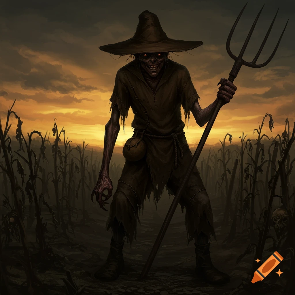 A creepy creature resembling an evil scarecrow stands in a field holding a pitchfork against a stormy sunset sky.