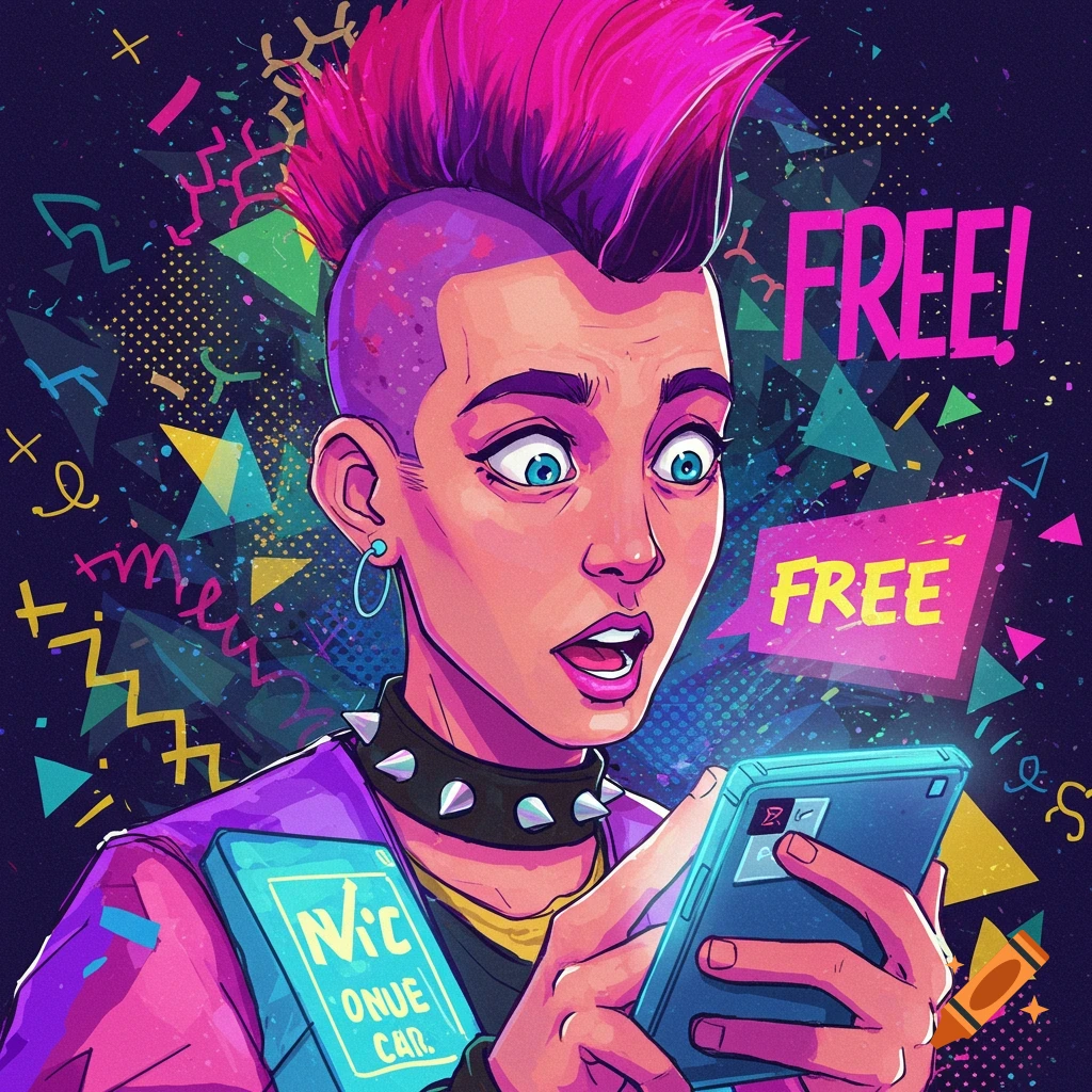A person with a pink mohawk looks surprised at a phone displaying 'FREE!' in a vibrant geometric style.
