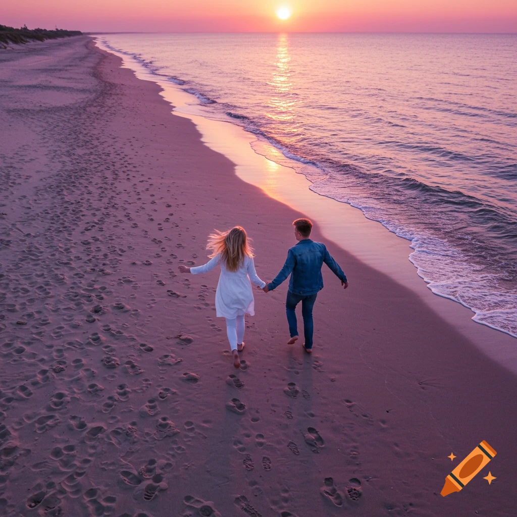 Couple running on a beach towards the sunset, aerial view