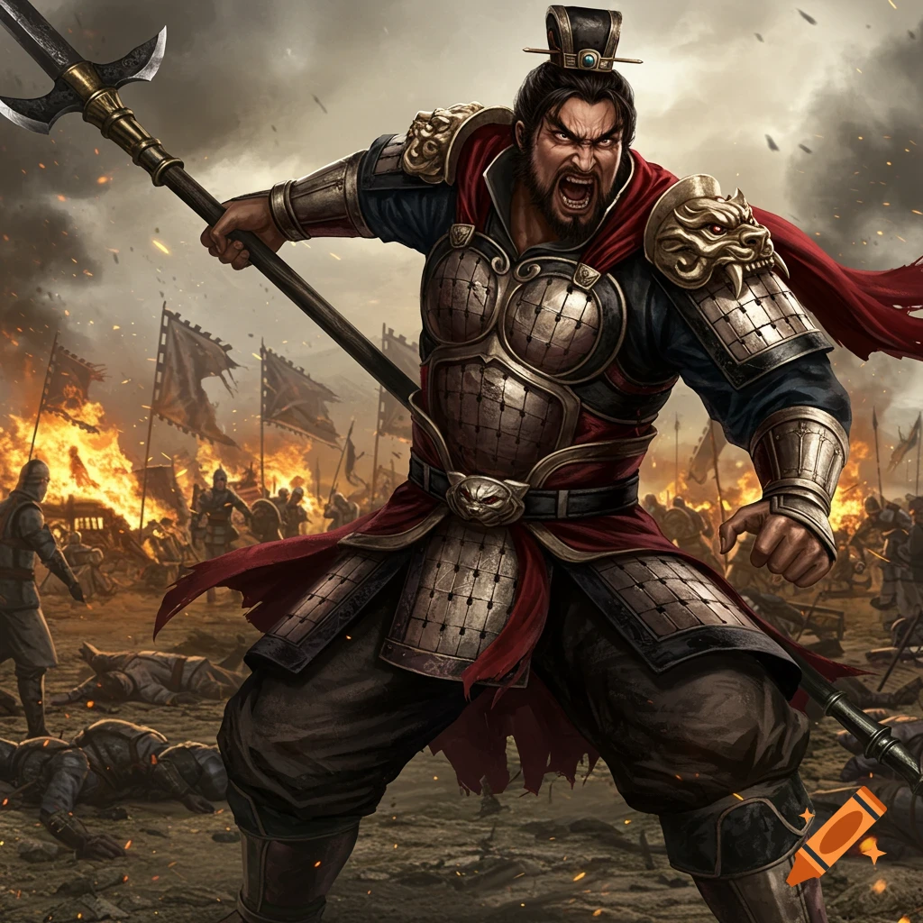 A fierce warrior in ornate armor with a polearm roars on a chaotic battlefield with fire and dead soldiers.