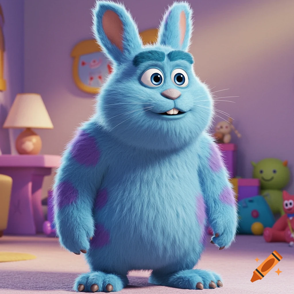 A blue, fuzzy rabbit-like monster with purple spots stands in a child's room. 3D animation style.