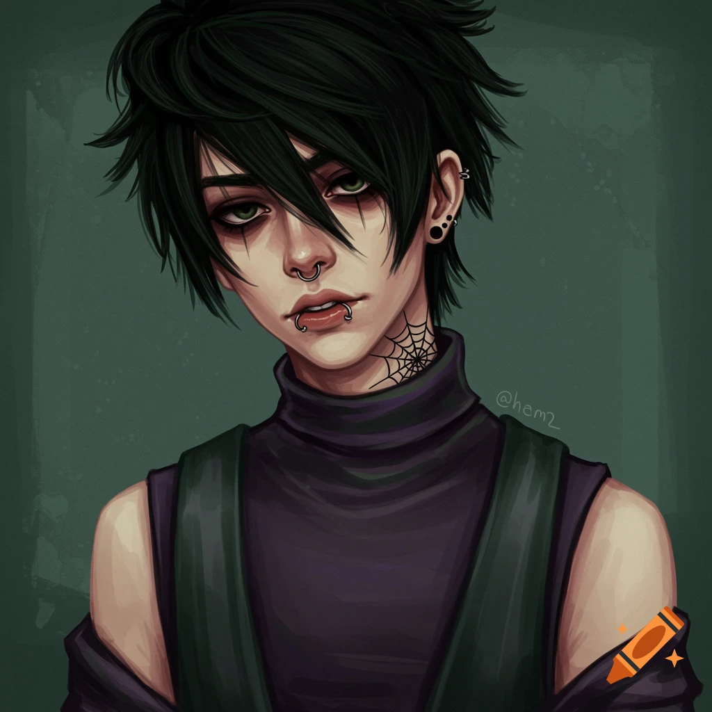 Portrait of a person with dark green hair, piercings, and a spiderweb neck tattoo.