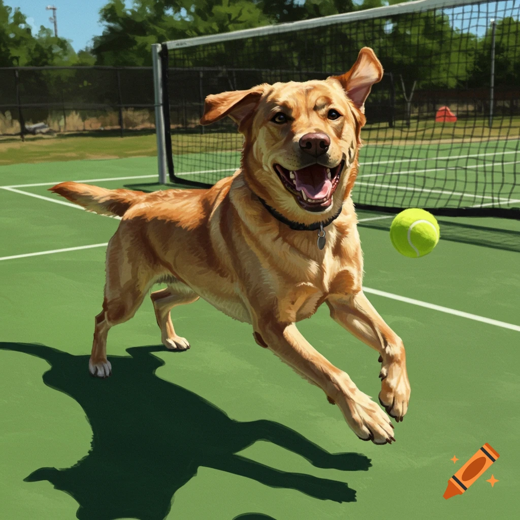 A yellow Labrador running on a tennis court, chasing a tennis ball.