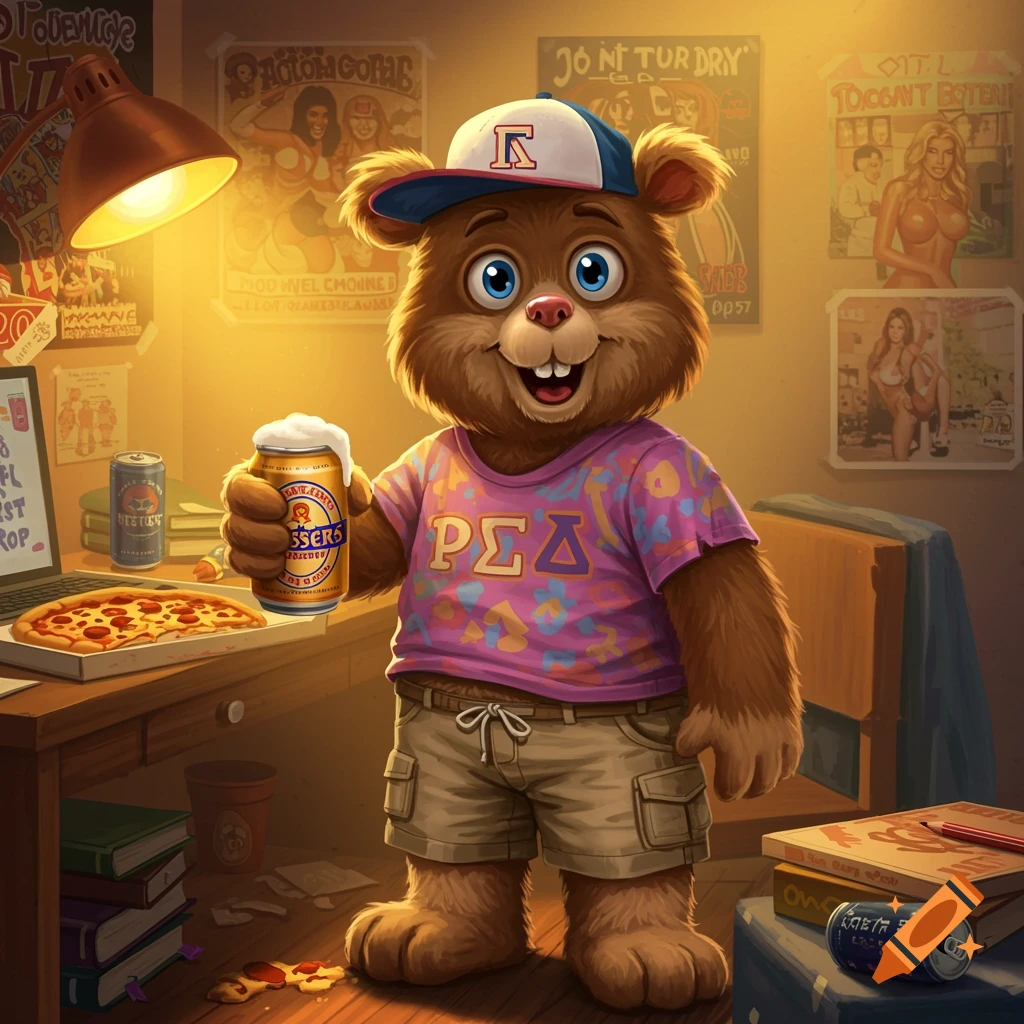 Cartoon fraternity bear in a messy dorm room holds a beer