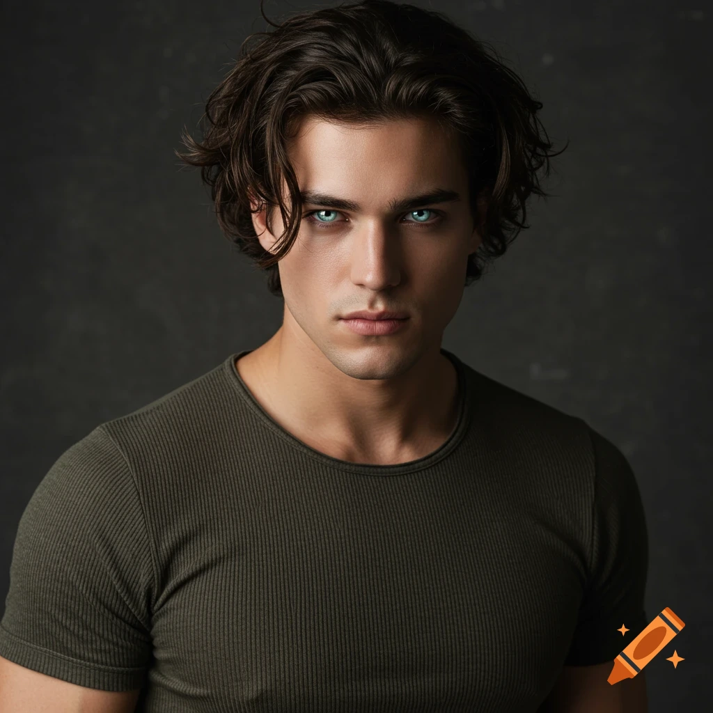 Close-up portrait of a young man with dark hair and piercing blue eyes, wearing a green ribbed shirt.