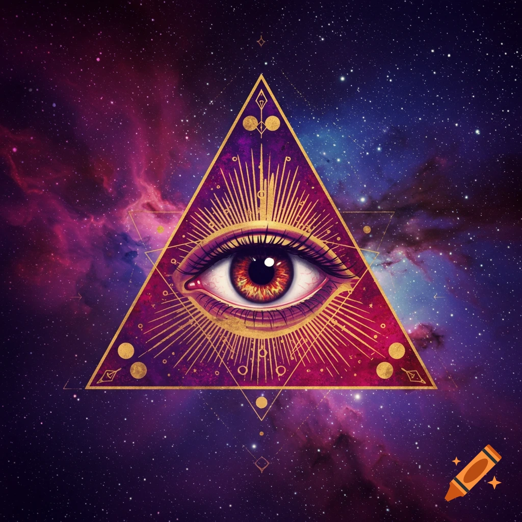 An eye inside a golden triangle against a starry space background.
