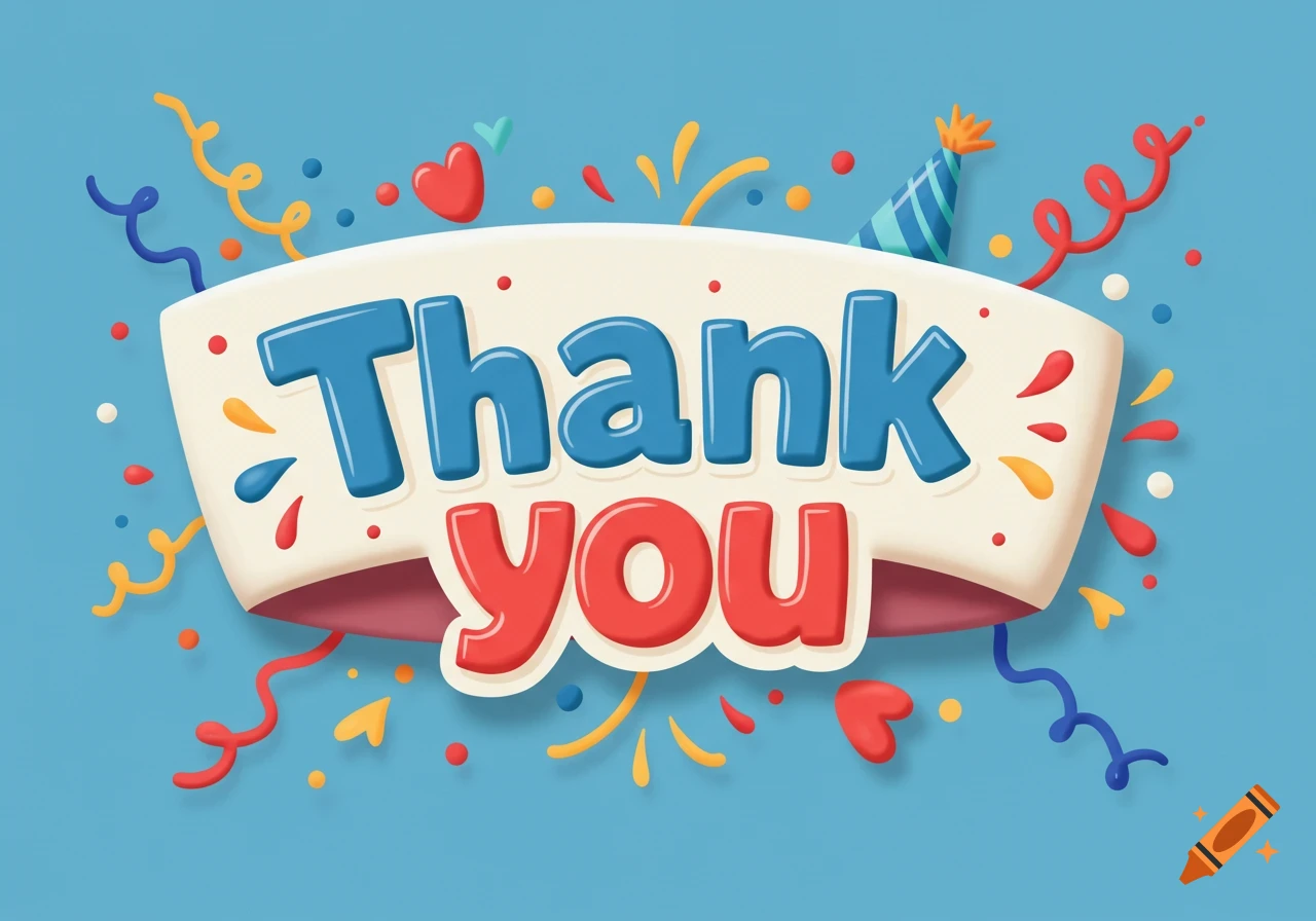 Stylized thank you banner with confetti and party hat on a blue background, digital illustration.