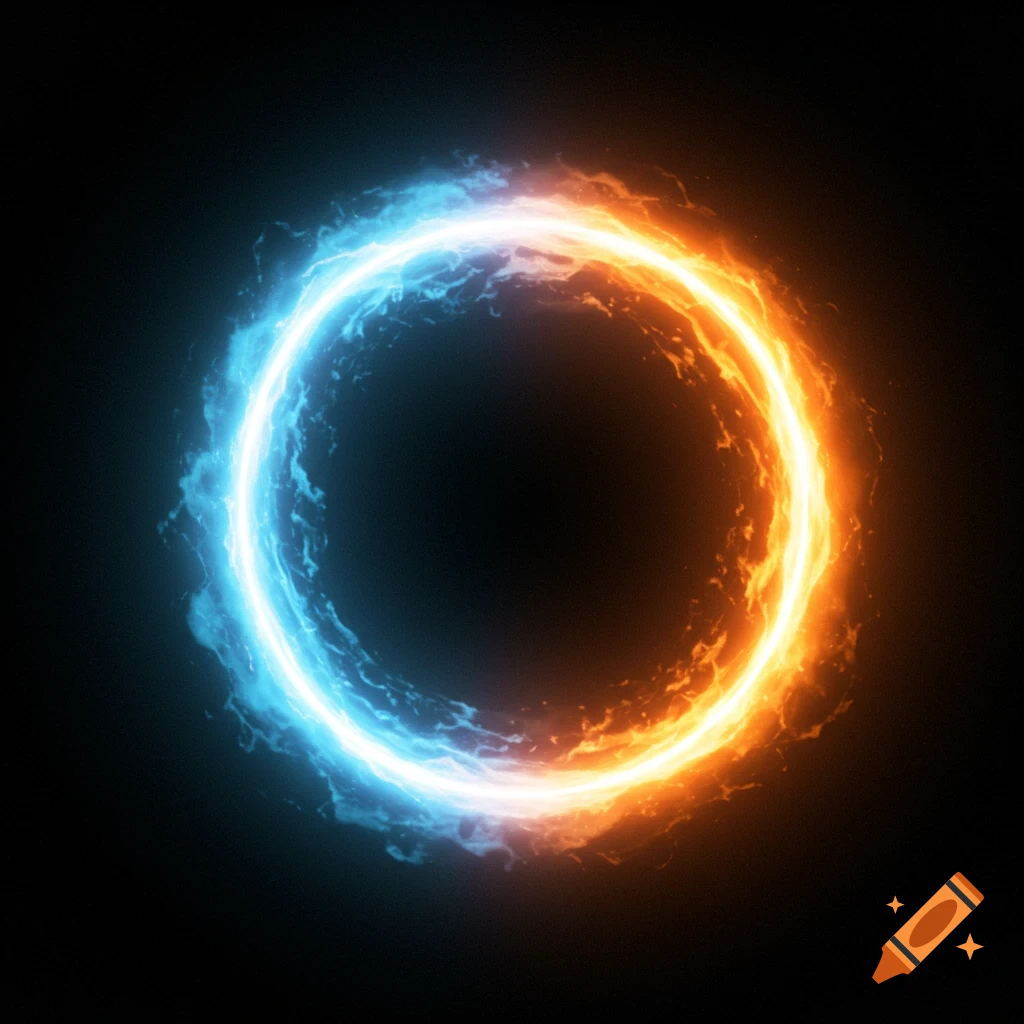 A glowing circle portal split between bright blue energy on the left and vibrant orange energy on the right, against a black background.