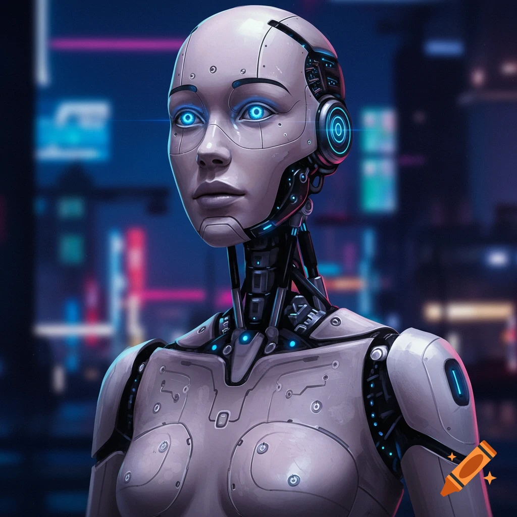 A female humanoid robot with blue eyes and glowing components stands against a futuristic city background.
