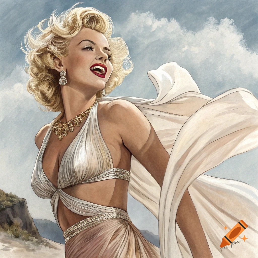 Illustrated portrait of a woman resembling Marilyn Monroe in a flowing white dress, looking up.