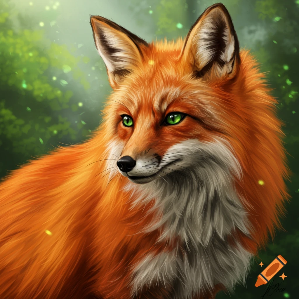 A red fox with bright green eyes looking left in a forest.