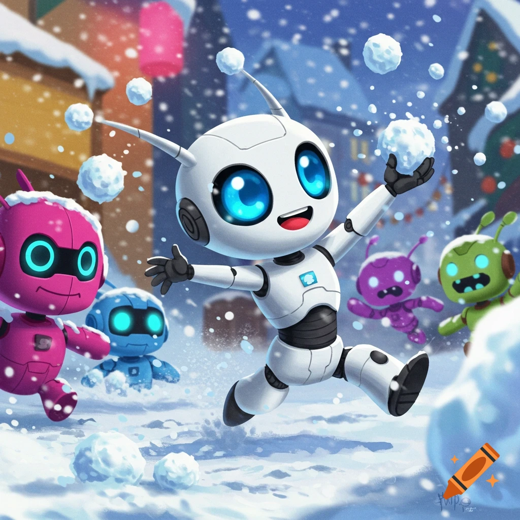 Cute robots have a snowball fight in the snow.