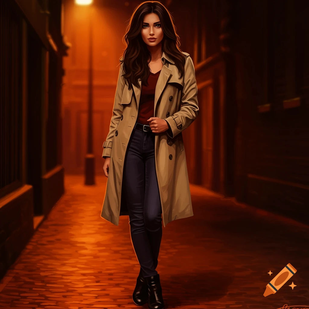 A woman in a trench coat stands in a dark urban alley.