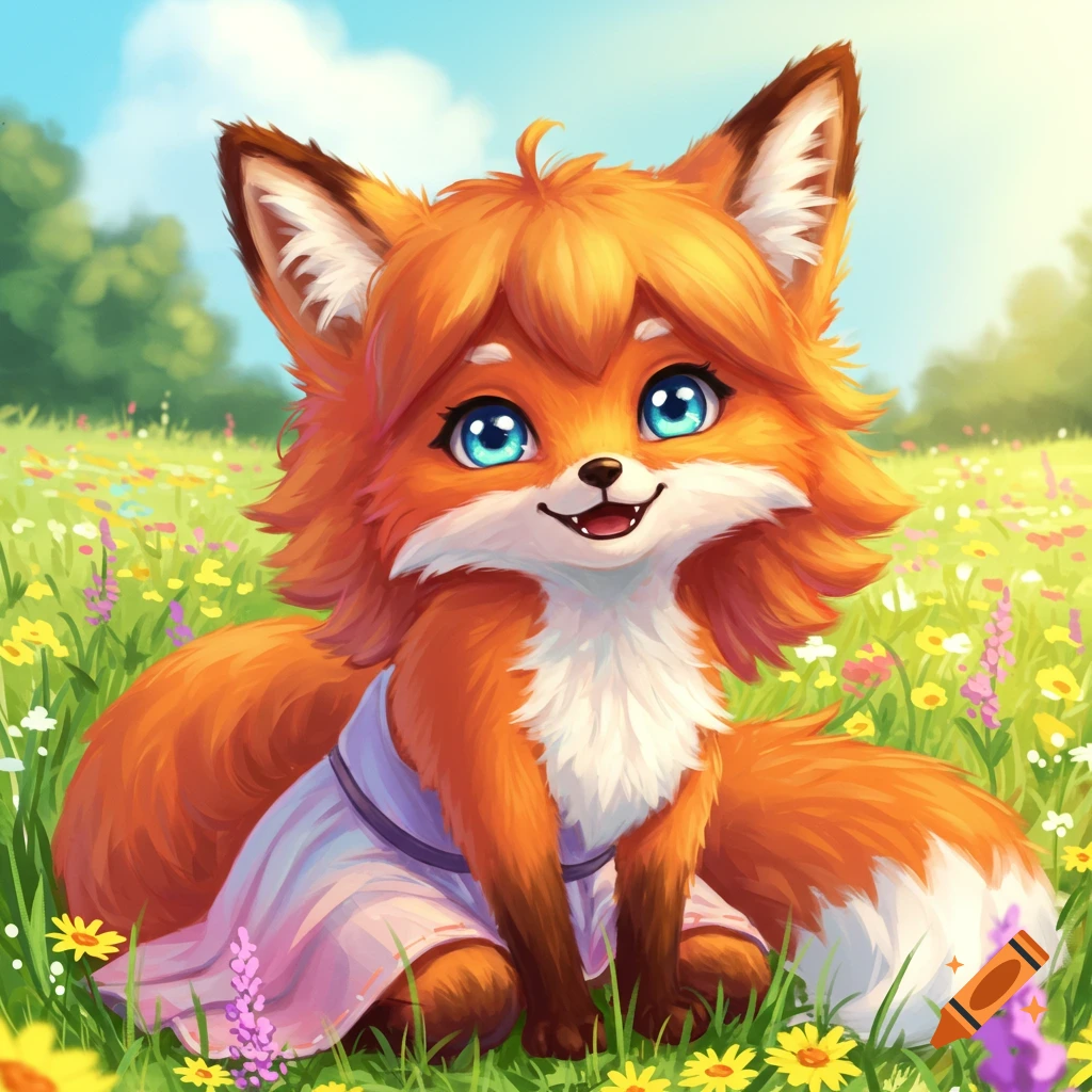 Cute cartoon fox character sitting in a field of flowers.