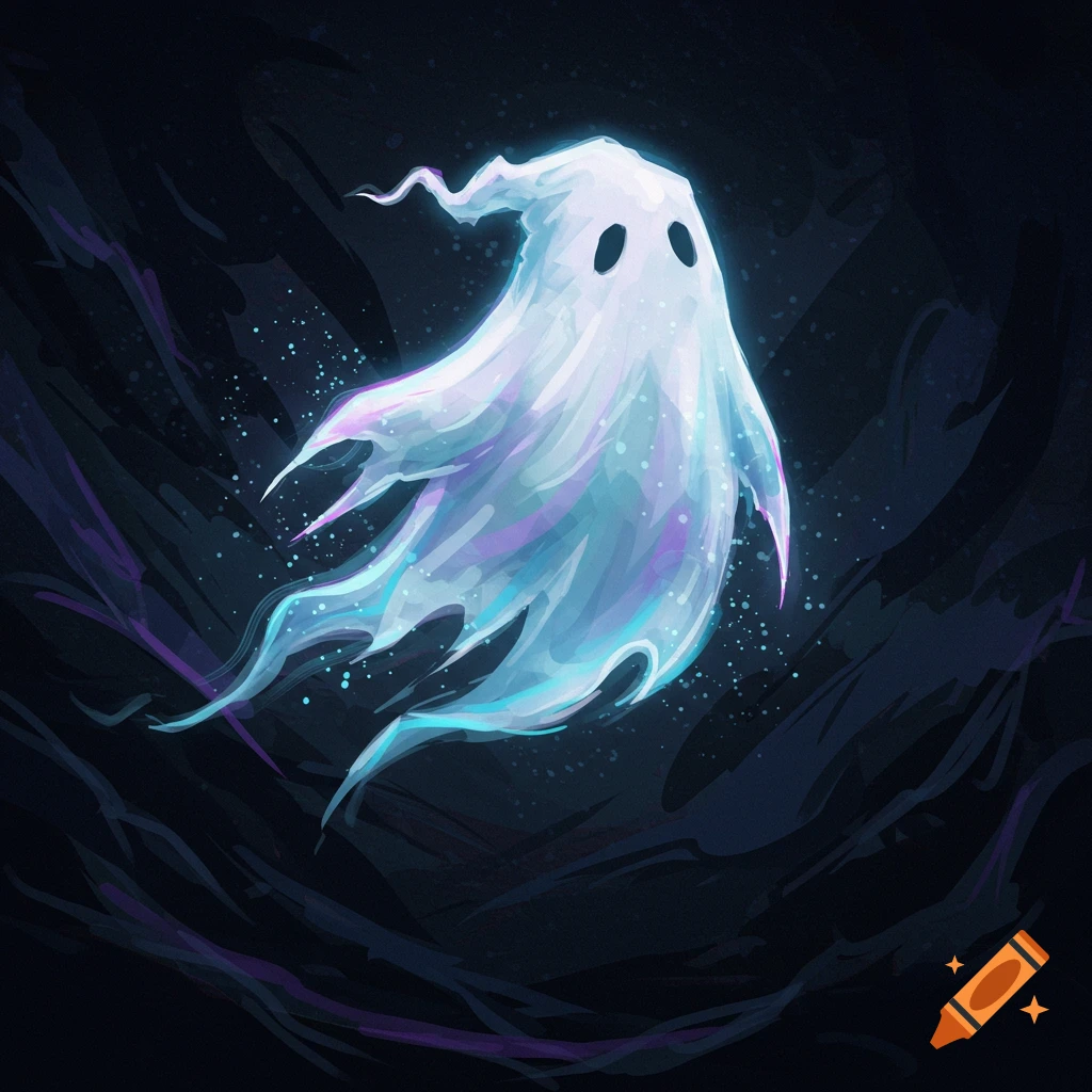 A floating white ghost with colorful highlights and glowing specks in a dark background, digital art.