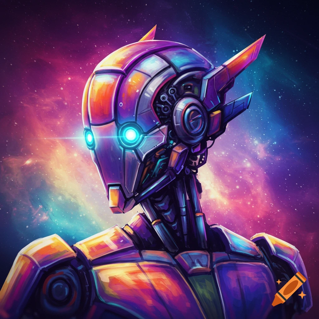Colorful robot head and shoulders portrait against a vibrant galaxy background.