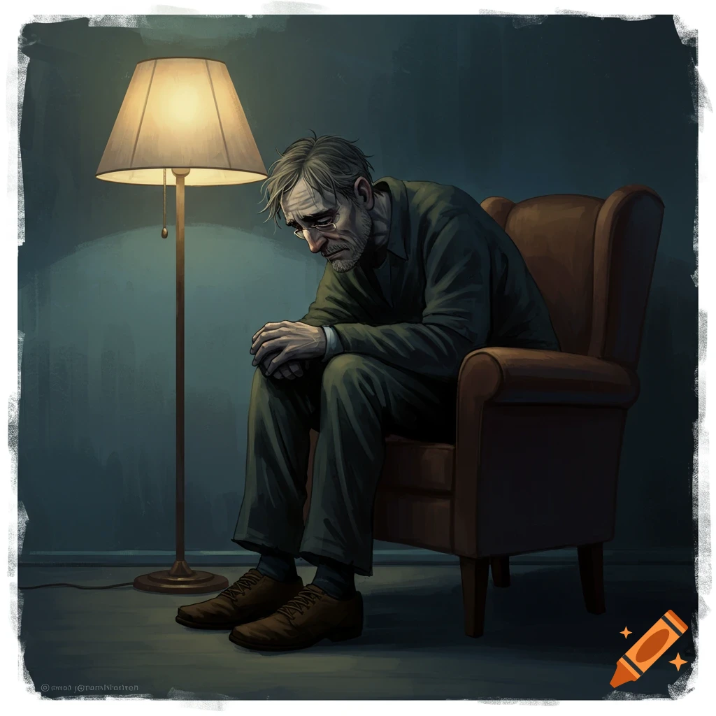Image of a sad man sitting in an armchair under a floor lamp.