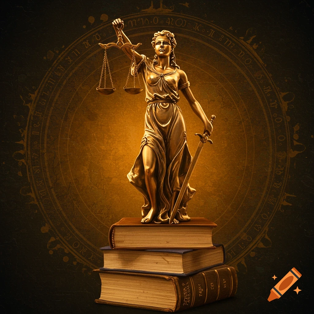 A golden statue of Lady Justice with scales and sword stands on a pile of books, surrounded by various symbols.