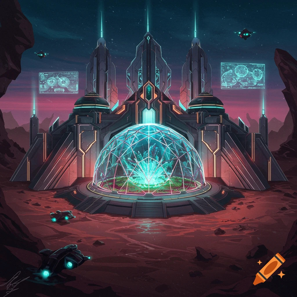 A futuristic palace with a glowing dome and flying vehicles on a red alien landscape.