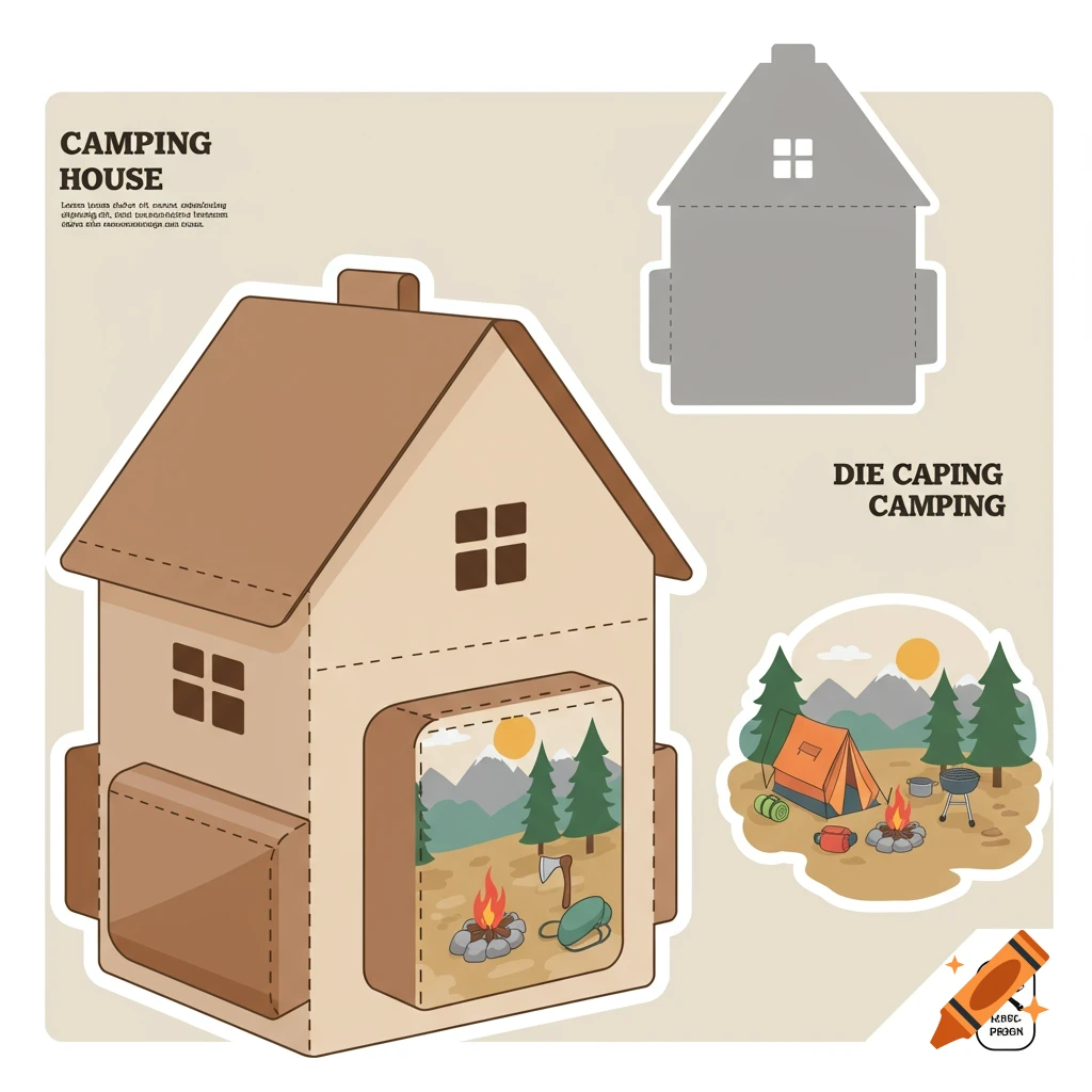 Flat illustration of a house-shaped packaging design with backpack features and a camping scene, shown with a die-cut template.